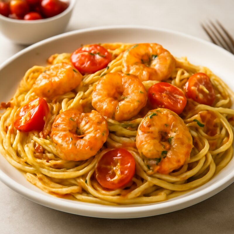 Pasta con gambas y tomates cherry — receta creada por SoChef